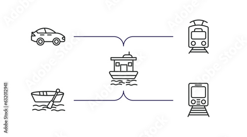 transportation outline icons set. thin line icons such as sedan, tram, houseboat, dugout canoe, metro vector.
