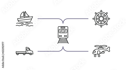 transportation outline icons set. thin line icons such as pt boat, ship helm, train front, flatbed lorry, military helicopter vector.