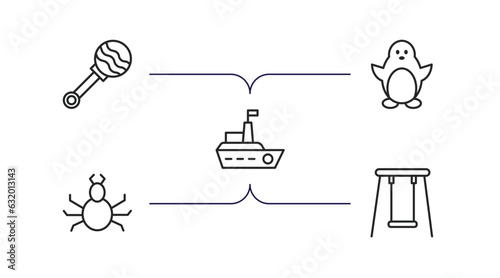 toys outline icons set. thin line icons such as rattle toy, penguin toy, boat toy, spider swing vector.