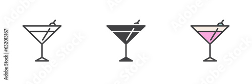 Martini glass with olive different style icon set