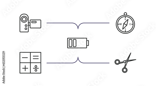 technology outline icons set. thin line icons such as video camera front view, basic compass, battery with two bars, mathematical operations, hairdressing tools vector.