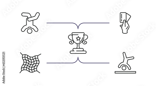 sports outline icons set. thin line icons such as breakdancing dancer, amonestation, sport trophy, fishing net, cartwheel vector.