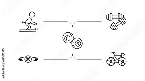 sports outline icons set. thin line icons such as skier skiing, dumbbell for training, ball pool, boxer with belt, racing bike vector.