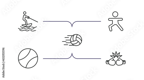 sports outline icons set. thin line icons such as jet surfing, excersice, volleyball ball, tennis sport ball, two boxing gloves vector.