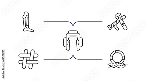 security outline icons set. thin line icons such as leg protector, police tools, boxing helmet, hash, float vector.