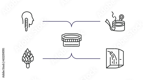 sauna outline icons set. thin line icons such as core temperature, banja, laconium, hemlock, dousing shower vector.