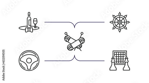 people skills outline icons set. thin line icons such as sommelier, boat rudder, knitting, chauffer, chessplayer vector.