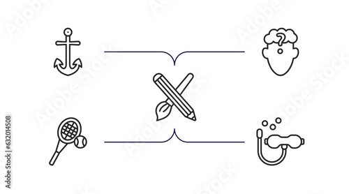 people skills outline icons set. thin line icons such as sailboat anchor, doubt, interior de, tennis player, diver vector.