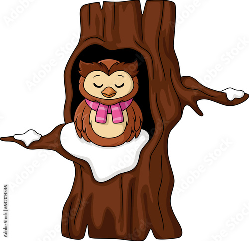 Cute owl bird cartoon in tree hollow
