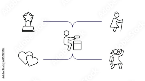 people outline icons set. thin line icons such as cinema award, old lady walking, criminal heist, two hearts, woman taking a photo vector.
