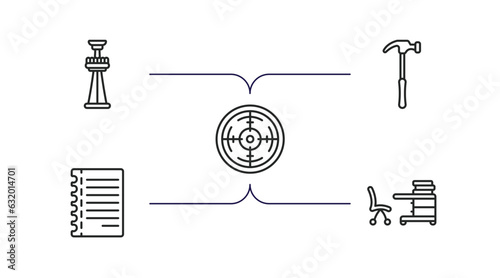 other outline icons set. thin line icons such as tower freefall, work hammer, shooting gallery, notepad sheet, studying zone vector.
