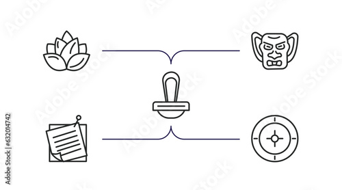 other outline icons set. thin line icons such as loto, japanese demon, wooden stamper, two post it, roulette table vector.