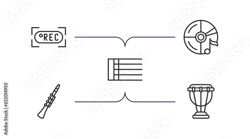 music and media outline icons set. thin line icons such as rec, cd, bold double bar line, oboe, timpani vector.