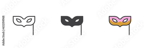 Masquerade mask stick different style icon set