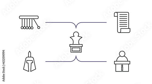 museum outline icons set. thin line icons such as newtons cradle, paper scroll, bust, roman or greek helmet, information desk vector.