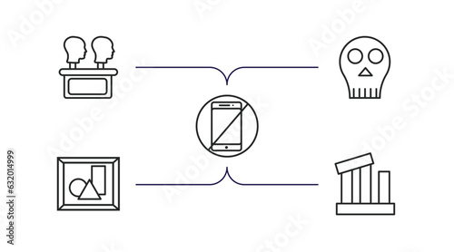 museum outline icons set. thin line icons such as remains, anthropology, no phone, modern art, relics vector.