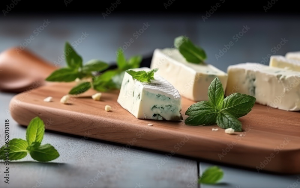 Triangle cream cheese pieces with mint on a wooden board isolated on a white table