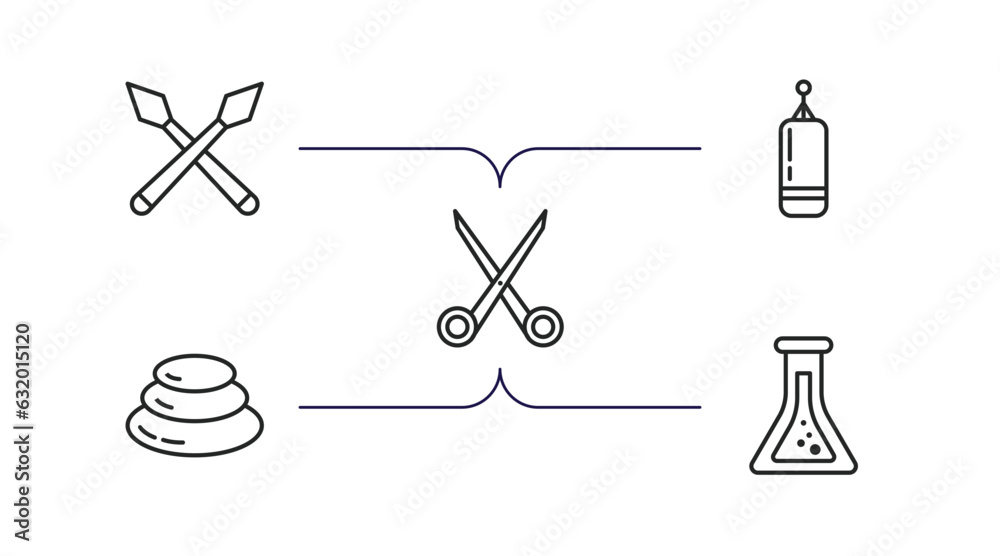 miscellaneous collection. outline icons set. thin line icons such as spears, muay thai, scissor, pebble, alchemy vector. miscellaneous collection. outline icons set. thin line icons such as spears, muay thai, scissor, pebble, alchemy vector.