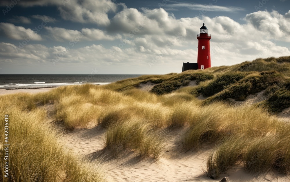 Red lighthouse near the North Sea coast, Sylt - obrazy, fototapety, plakaty 