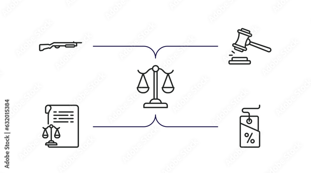 law and justice outline icons set. thin line icons such as shotgun, veredict, adminstrative law, documents, bargain vector.