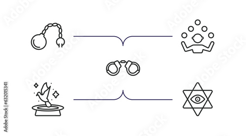 magic outline icons set. thin line icons such as fetters, juggler, handcuffs, pigeon, esoteric vector.