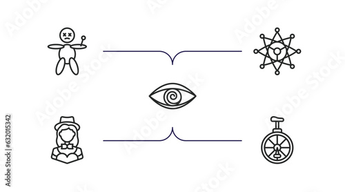 magic outline icons set. thin line icons such as voodoo doll, ritual, hypis, magic assistant, unicycle vector.