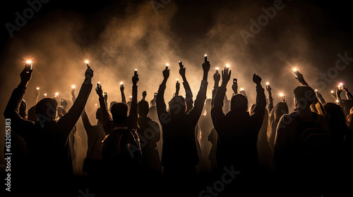 Group of people holding cigarette lighters and mobile phones at a concert crowd of people silhouettes with their hands up. Dark background, smoke, spotlights. Crowd at Concert. Generative Ai