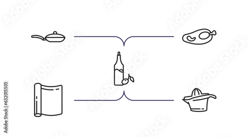 kitchen outline icons set. thin line icons such as frying pan, broiler, olive oil, aluminum foil, squeezer vector.