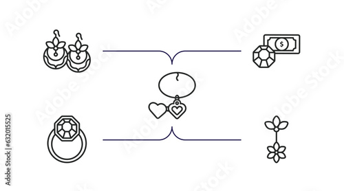 jewelry outline icons set. thin line icons such as earring, pawn shop, locket, jewelry, belly piercing vector.