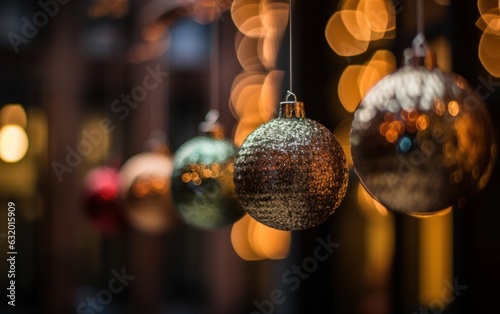 Christmas balls hanging on an out of focus background photo
