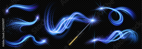 Fotografie, Obraz Realistic magic wand with set of blue light vortex effects isolated on transparent background