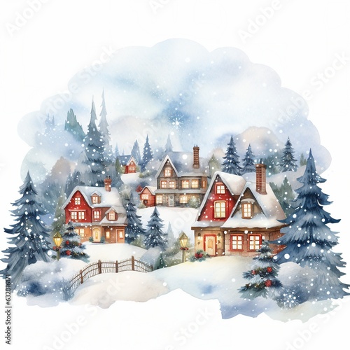 landscape with house in the snow, christmas house scene, pine tree, Countryside watercolor landscape illustration of winter 