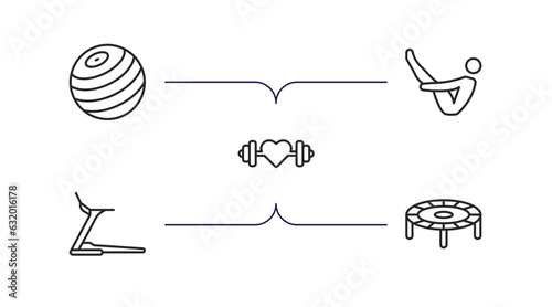 gym and fitness outline icons set. thin line icons such as gymnastic ball, abdominal exercises, fitness heart, running treadmill, trampoline vector.