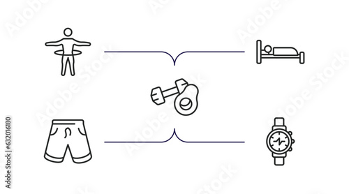 gym and fitness outline icons set. thin line icons such as stick man hoop, sleep, fitness nutrition, fitness shorts, training watch vector.
