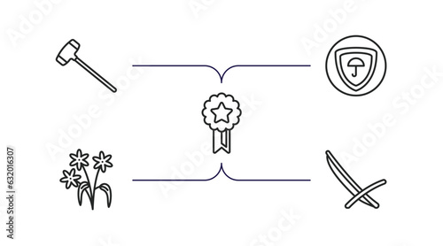 general outline icons set. thin line icons such as sledgehammer, insurance with a button, winning, daisy bouquet, deckchair vector.