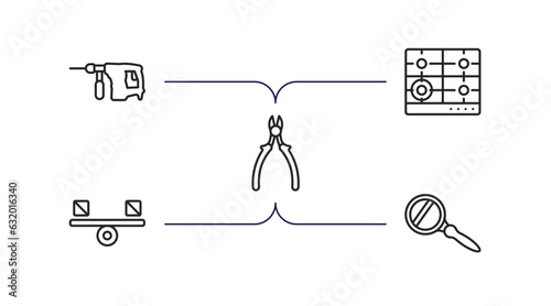 general outline icons set. thin line icons such as perforator, hob, nippers, balancer, magnifiying glass vector.