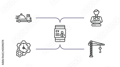 general outline icons set. thin line icons such as food delivery, big data scientist, hr software, build time, building crane vector.