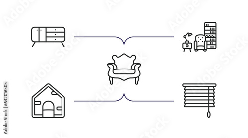 furniture & household outline icons set. thin line icons such as credenza, livingroom, fauteuil, dog, window coverings vector.