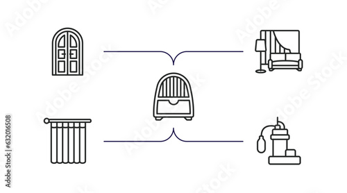 furniture & household outline icons set. thin line icons such as double door, living room, dehumidifier, shower curtain, sump pump vector.