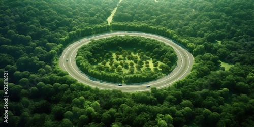 forest road adventure Aerial view of a car on a circular road in deep forest. on the concept road again