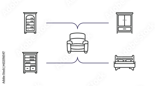 furniture collection. outline icons set. thin line icons such as bookcase, clo, armchair, bookshelve, bed vector.