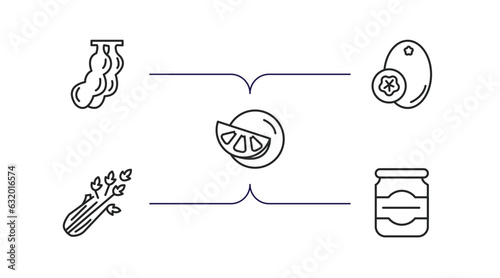 fruits and vegetables outline icons set. thin line icons such as tamarind, breast milk fruit, grapefruit, celery, mason jar vector.