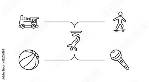 free time outline icons set. thin line icons such as toy train, skateboarding, bungee jumping, sports, karaoke vector.