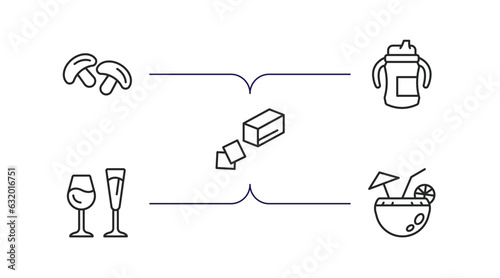 food outline icons set. thin line icons such as mushrooms, sippy cup, butter, alcoholic drinks, tropical drink vector.