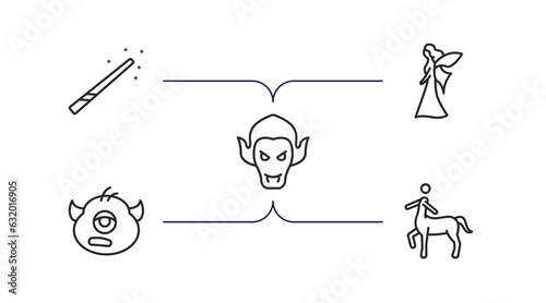 fairy tale outline icons set. thin line icons such as magic wand, myth, vampire, cyclops, centaur vector.