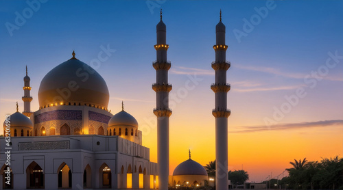 Photo ramadan Kareem Eid Mubarak mosque in evening with sunlight background by Generative AI © BornHappy