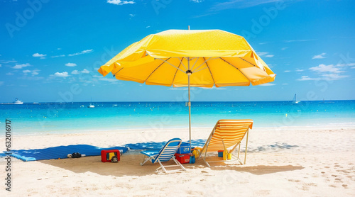 Photo beach with umbrella and beach chair in summer by Generative AI
