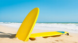 Yellows surfboard on the beach by Generative AI