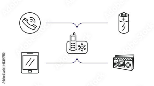 electronic devices outline icons set. thin line icons such as telephone, battery, answering hine, tablet, boombox vector.
