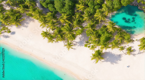 Tranquil beach and palm trees from top view by Generative AI